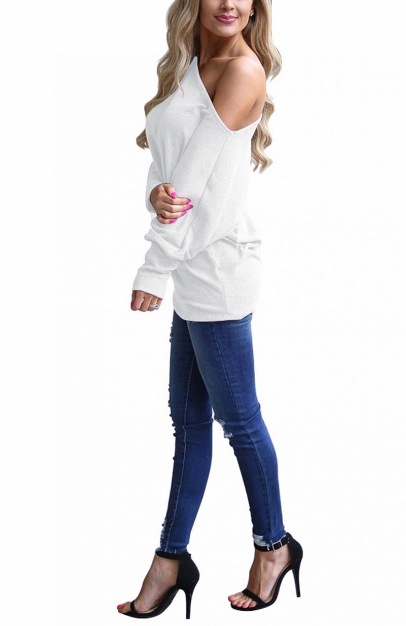 Lacozy Women's Off Shoulder Pullover Sweater Batwing Long Sleeve Tunic Tops Shirts Oversized Sweatshirts White L - Image 2